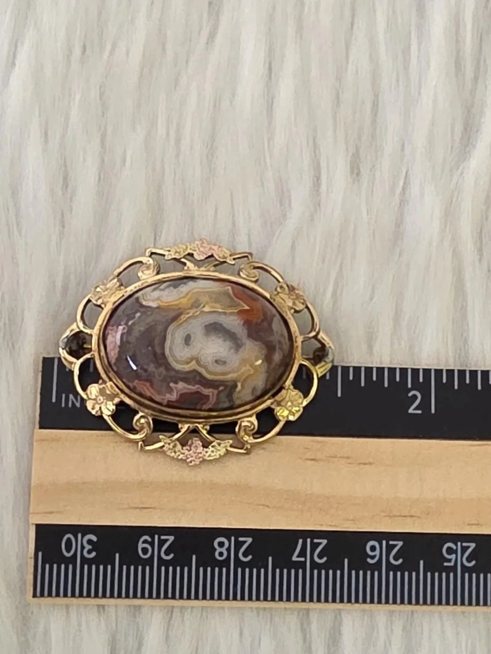Vintage Signed White Co Gold Filled Crazy Lace Agate Oval Floral Brooch